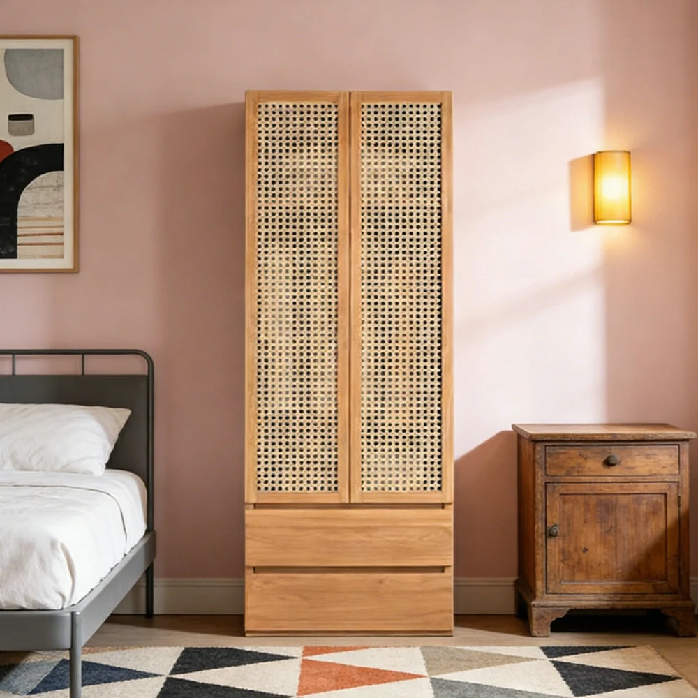 LIVARA 80cm Rattan Storage Cabinet - Multi-Zone Wardrobe Design with Solid Finnish Pine Wood, Breathable PVC Doors & Spacious Drawers