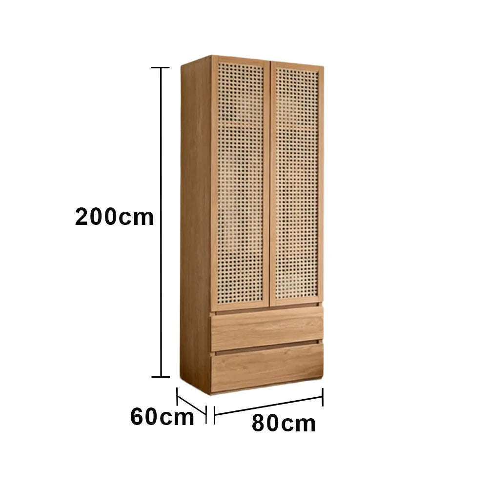 LIVARA 80cm Rattan Storage Cabinet - Multi-Zone Wardrobe Design with Solid Finnish Pine Wood, Breathable PVC Doors & Spacious Drawers