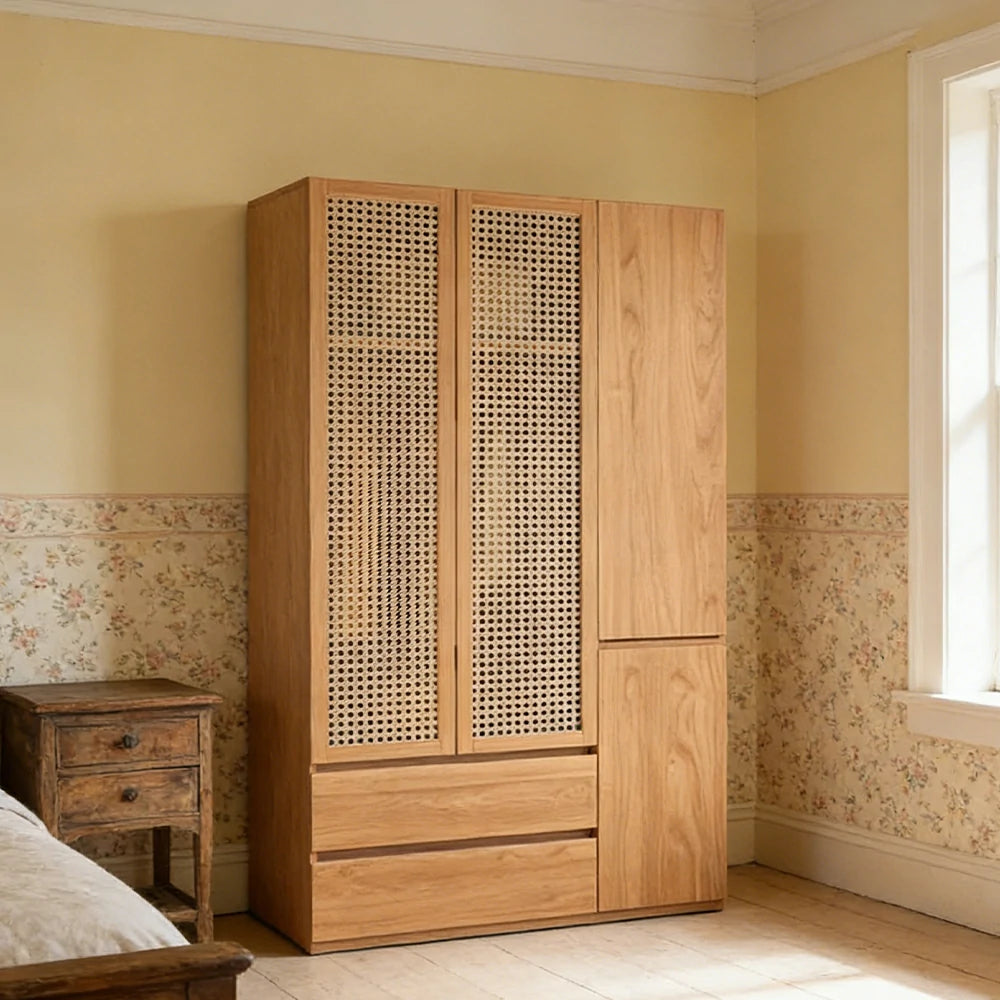 LIVARA 120cm Rattan Storage Cabinet - Multi-Zone Wardrobe Design with Solid Finnish Pine Wood, Breathable PVC Doors & Spacious Drawers