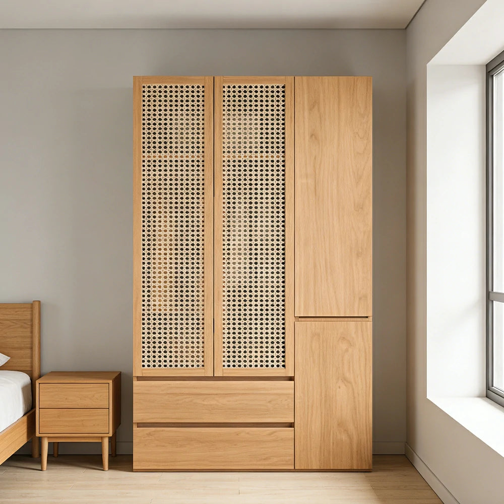LIVARA 120cm Rattan Storage Cabinet - Multi-Zone Wardrobe Design with Solid Finnish Pine Wood, Breathable PVC Doors & Spacious Drawers