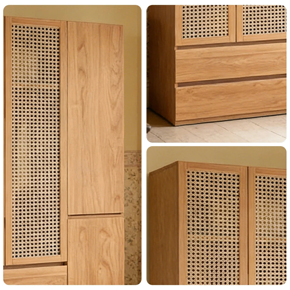 LIVARA 120cm Rattan Storage Cabinet - Multi-Zone Wardrobe Design with Solid Finnish Pine Wood, Breathable PVC Doors & Spacious Drawers