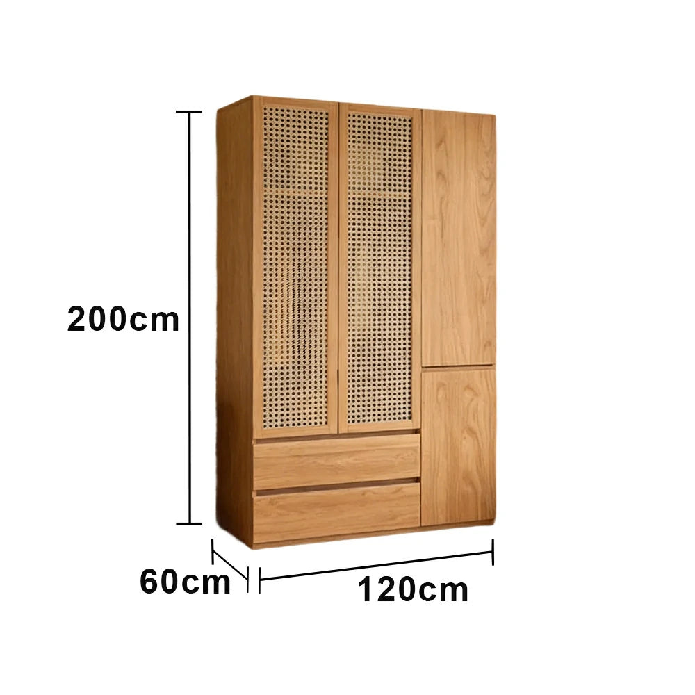 LIVARA 120cm Rattan Storage Cabinet - Multi-Zone Wardrobe Design with Solid Finnish Pine Wood, Breathable PVC Doors & Spacious Drawers