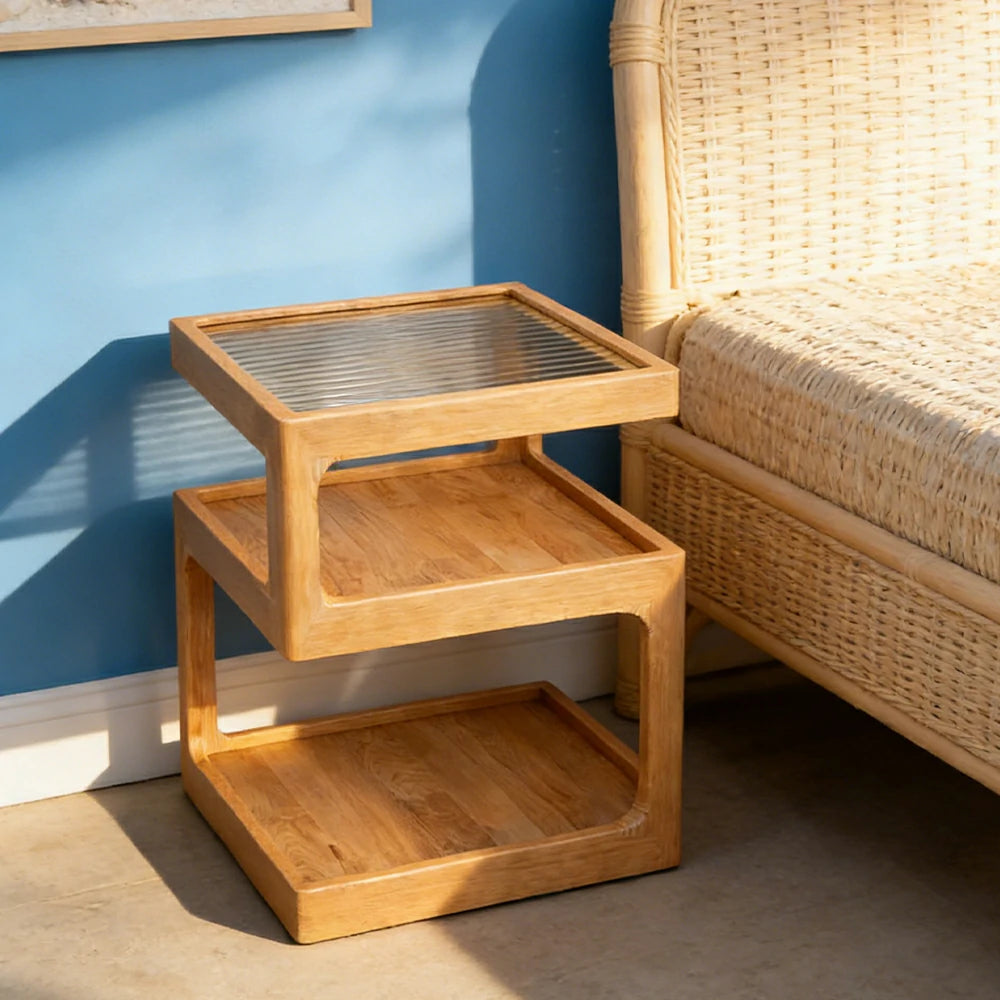 LIVARA 40/45cm Bedside Table - 3-Tier Open Storage with Solid Wood Frame, Tempered Glass Top & Compact Space-Saving Design - Wood