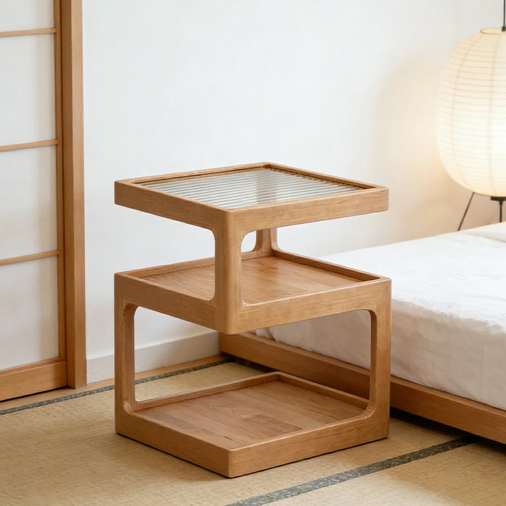 LIVARA 40/45cm Bedside Table - 3-Tier Open Storage with Solid Wood Frame, Tempered Glass Top & Compact Space-Saving Design - Wood