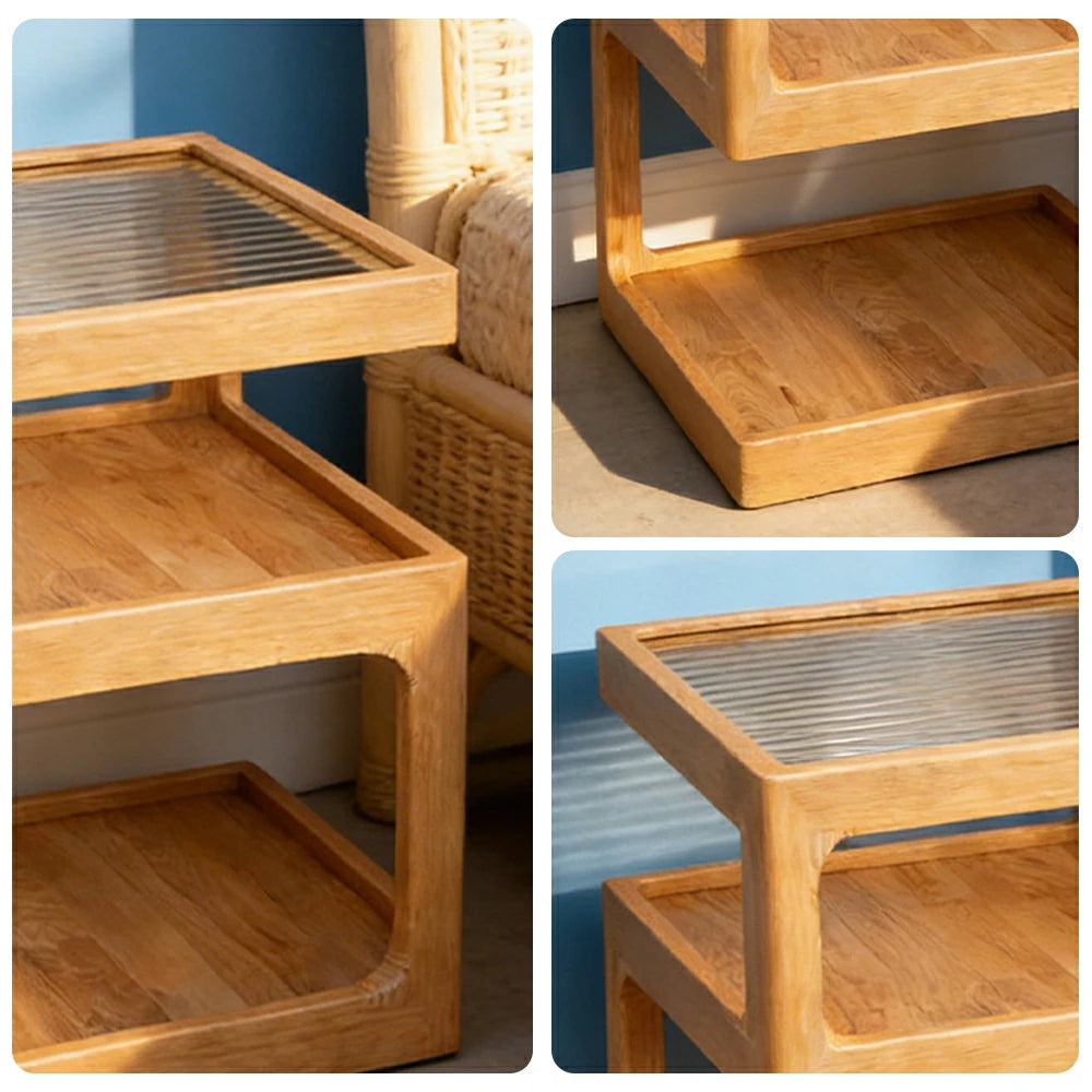 LIVARA 40/45cm Bedside Table - 3-Tier Open Storage with Solid Wood Frame, Tempered Glass Top & Compact Space-Saving Design - Wood