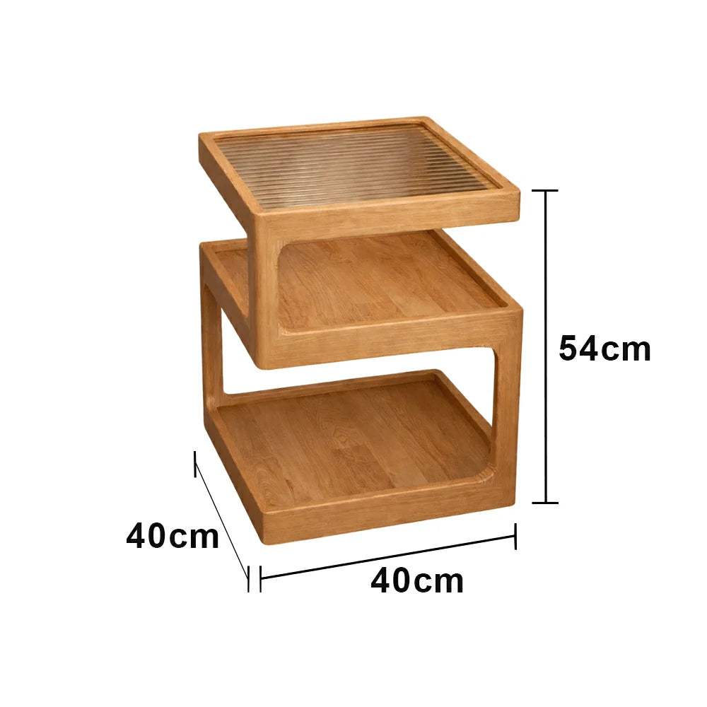 LIVARA 40/45cm Bedside Table - 3-Tier Open Storage with Solid Wood Frame, Tempered Glass Top & Compact Space-Saving Design - Wood