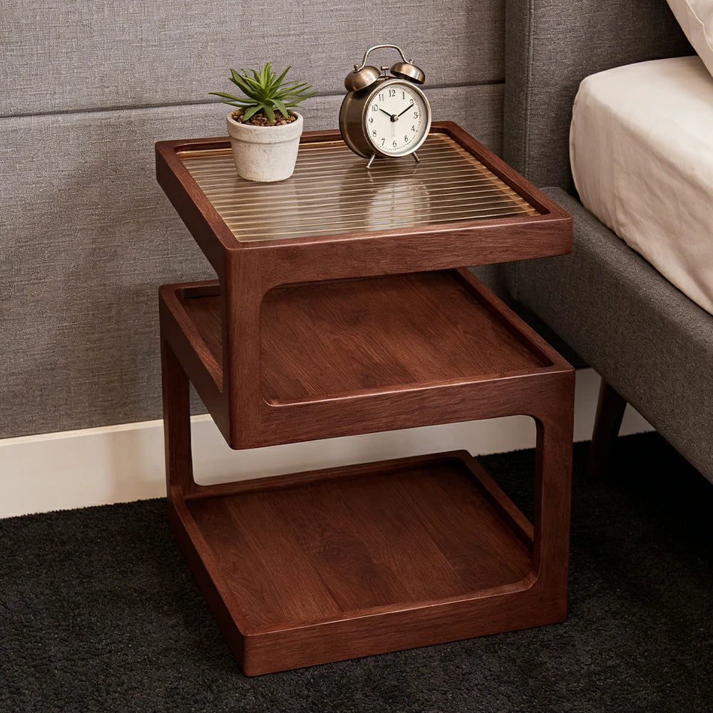 LIVARA 40/45cm Bedside Table - 3-Tier Open Storage with Solid Wood Frame, Tempered Glass Top & Compact Space-Saving Design - Walnut
