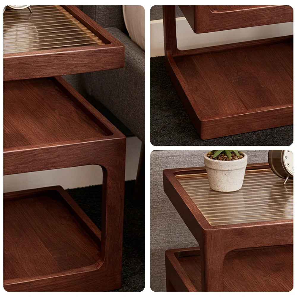 LIVARA 40/45cm Bedside Table - 3-Tier Open Storage with Solid Wood Frame, Tempered Glass Top & Compact Space-Saving Design - Walnut