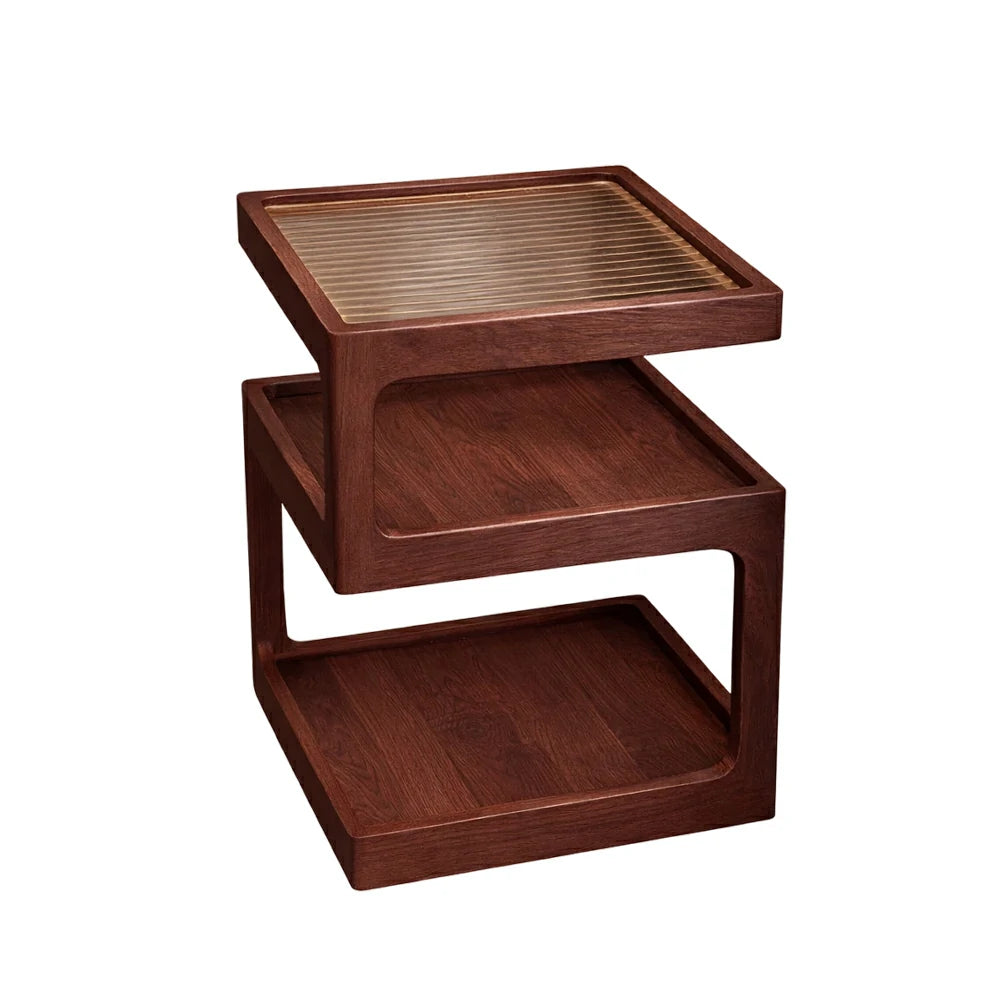 LIVARA 40/45cm Bedside Table - 3-Tier Open Storage with Solid Wood Frame, Tempered Glass Top & Compact Space-Saving Design - Walnut