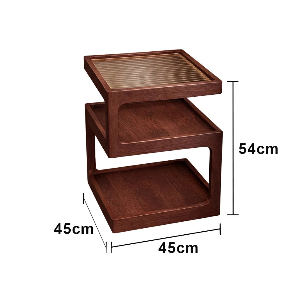 LIVARA 40/45cm Bedside Table - 3-Tier Open Storage with Solid Wood Frame, Tempered Glass Top & Compact Space-Saving Design - Walnut