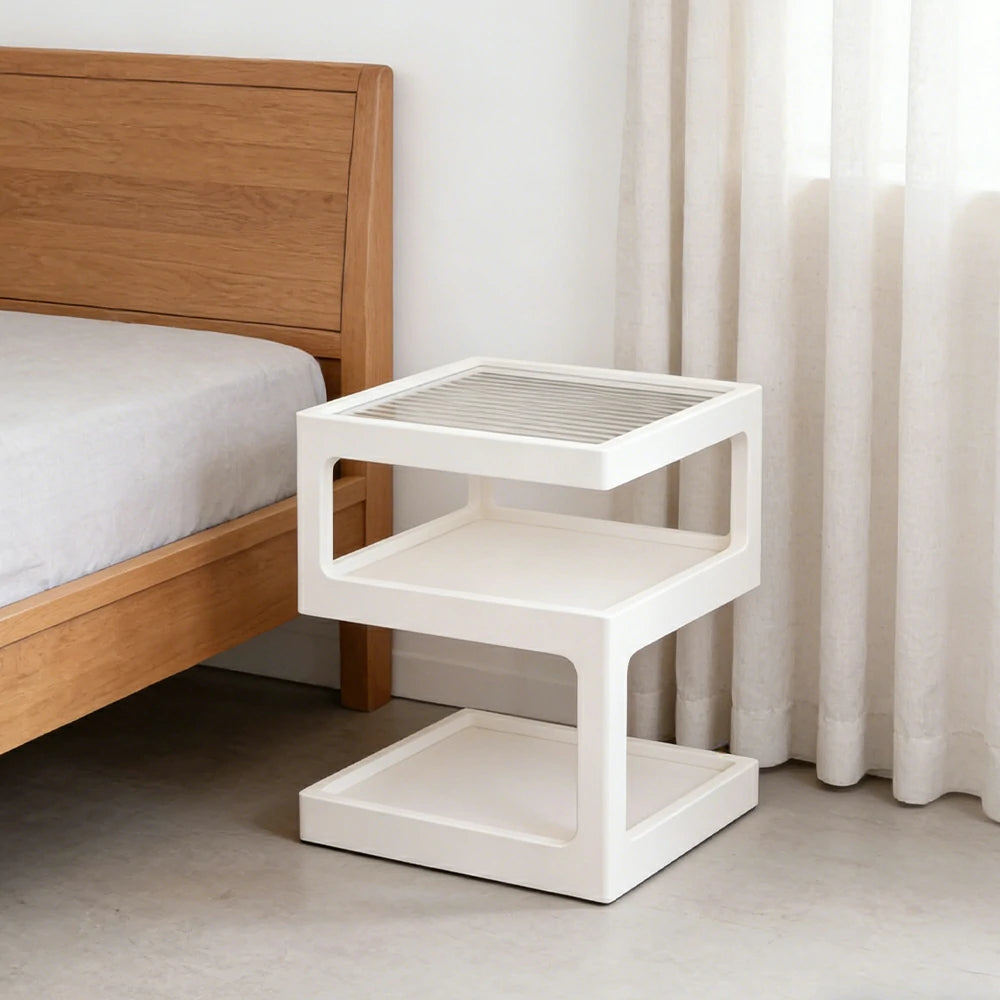 LIVARA 40/45cm Bedside Table - 3-Tier Open Storage with Solid Wood Frame, Tempered Glass Top & Compact Space-Saving Design - White