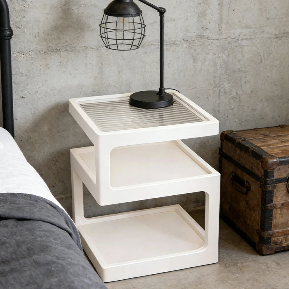 LIVARA 40/45cm Bedside Table - 3-Tier Open Storage with Solid Wood Frame, Tempered Glass Top & Compact Space-Saving Design - White