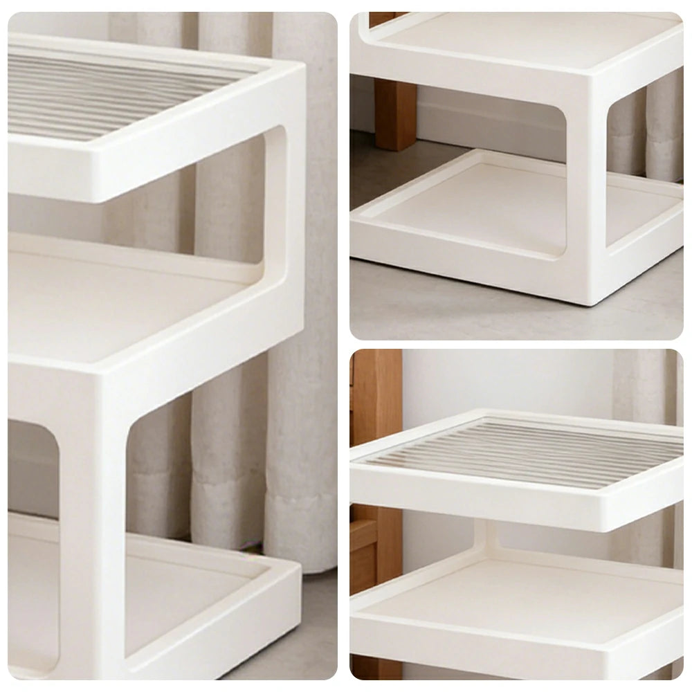 LIVARA 40/45cm Bedside Table - 3-Tier Open Storage with Solid Wood Frame, Tempered Glass Top & Compact Space-Saving Design - White