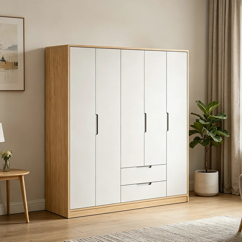 LIVARA 140/160/180cm Wardrobe Cabinet - Multi-Compartment Hanging Storage with Malacca Board Doors, Solid Wood Rail & Soft-Close Hardware