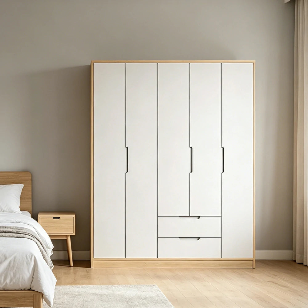 LIVARA 140/160/180cm Wardrobe Cabinet - Multi-Compartment Hanging Storage with Malacca Board Doors, Solid Wood Rail & Soft-Close Hardware