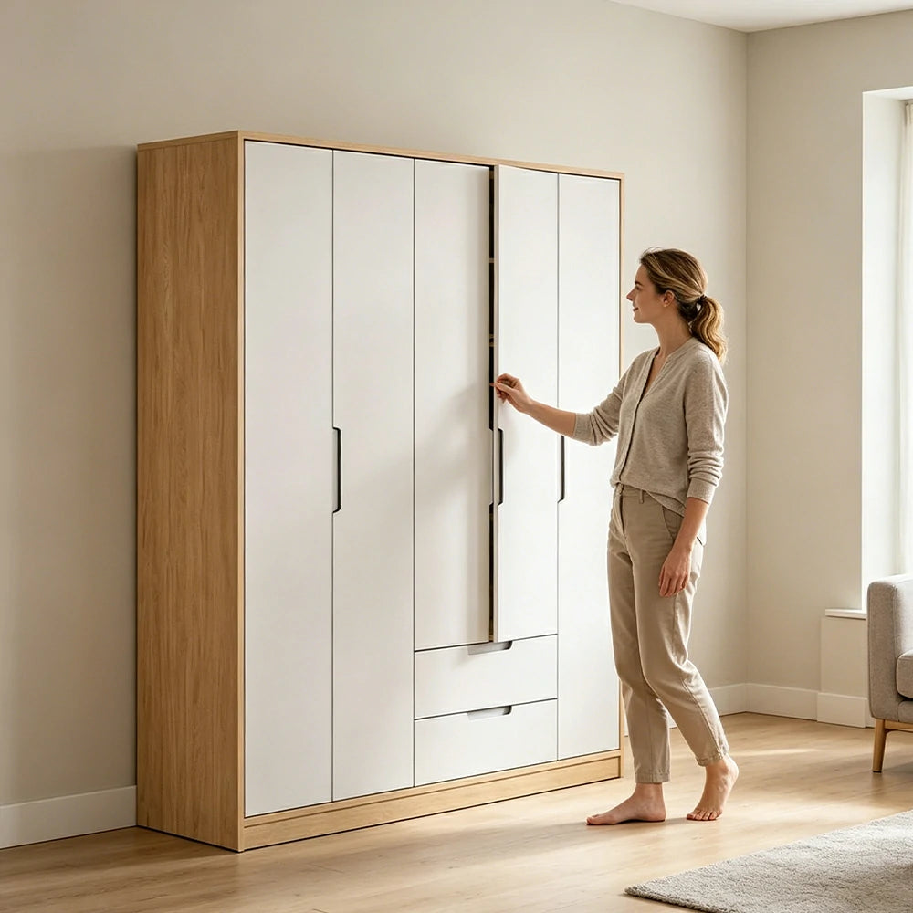 LIVARA 140/160/180cm Wardrobe Cabinet - Multi-Compartment Hanging Storage with Malacca Board Doors, Solid Wood Rail & Soft-Close Hardware
