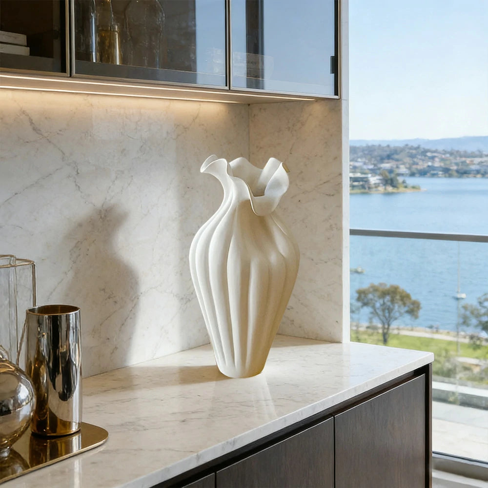LIVARA Shy Bloom Ceramic Vase Handcrafted Sculptural Form Stone-Like Matte Texture Artistic Decor for Modern Interiors - Ivory White