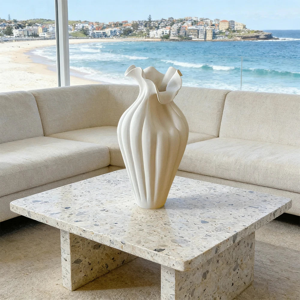 LIVARA Shy Bloom Ceramic Vase Handcrafted Sculptural Form Stone-Like Matte Texture Artistic Decor for Modern Interiors - Ivory White