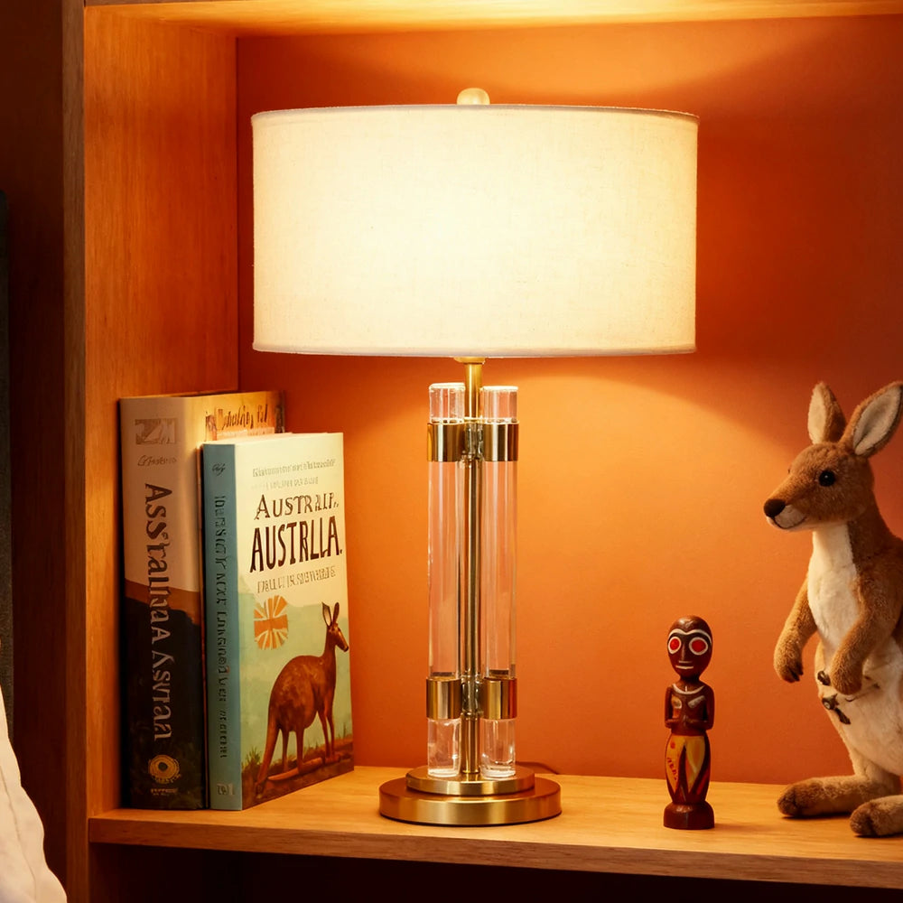 LIVARA Table Lamp Brushed Bronze Metal Dual Glass Column Fabric Lampshade Soft Warm Lighting & Artistic Design