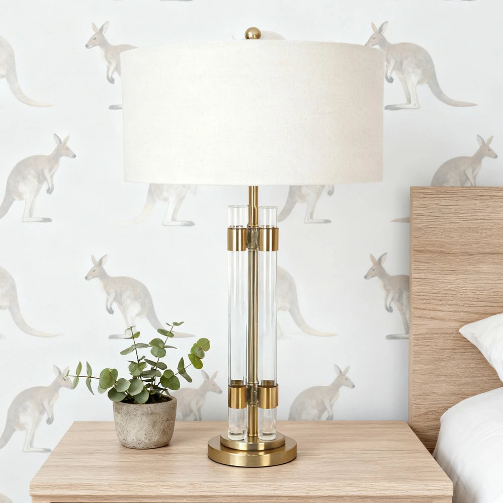 LIVARA Table Lamp Brushed Bronze Metal Dual Glass Column Fabric Lampshade Soft Warm Lighting & Artistic Design