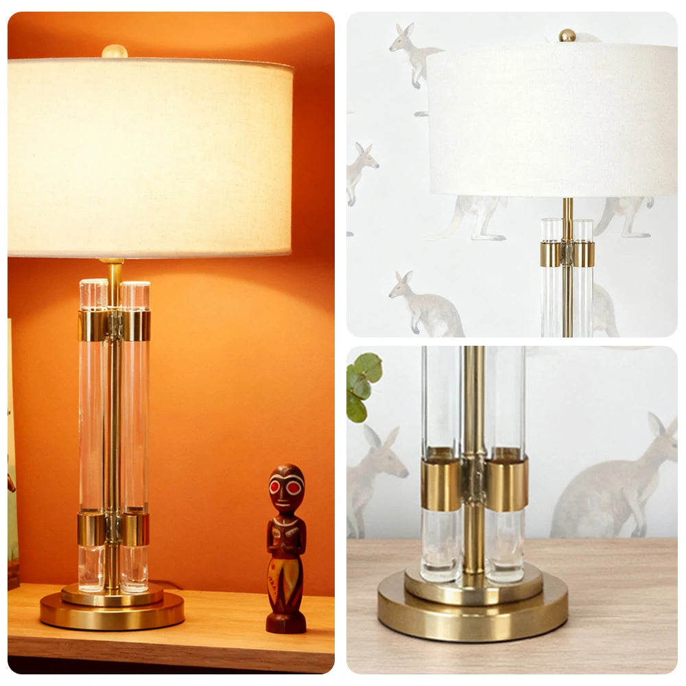 LIVARA Table Lamp Brushed Bronze Metal Dual Glass Column Fabric Lampshade Soft Warm Lighting & Artistic Design