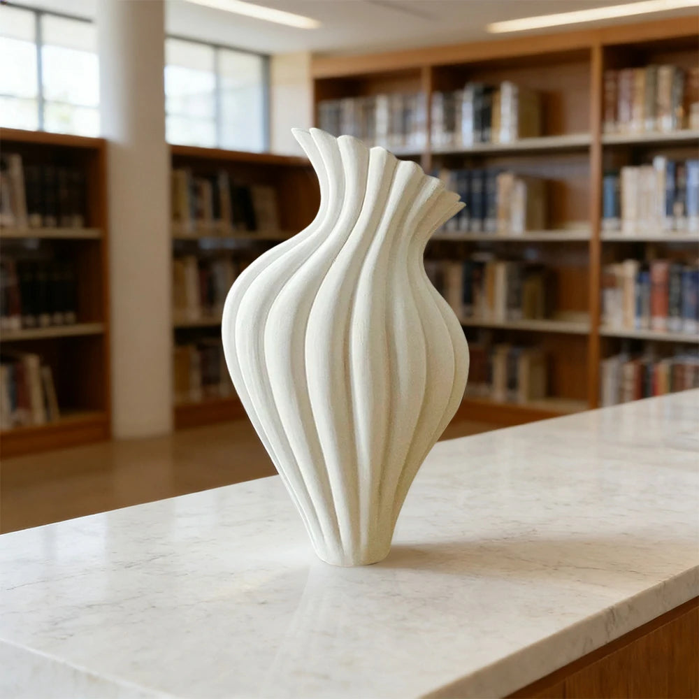 LIVARA Ripple Ceramic Vase Sculptural Wavy Form Handcrafted Matte Stone-Like Texture Artistic Decor for Modern Spaces - Ivory White