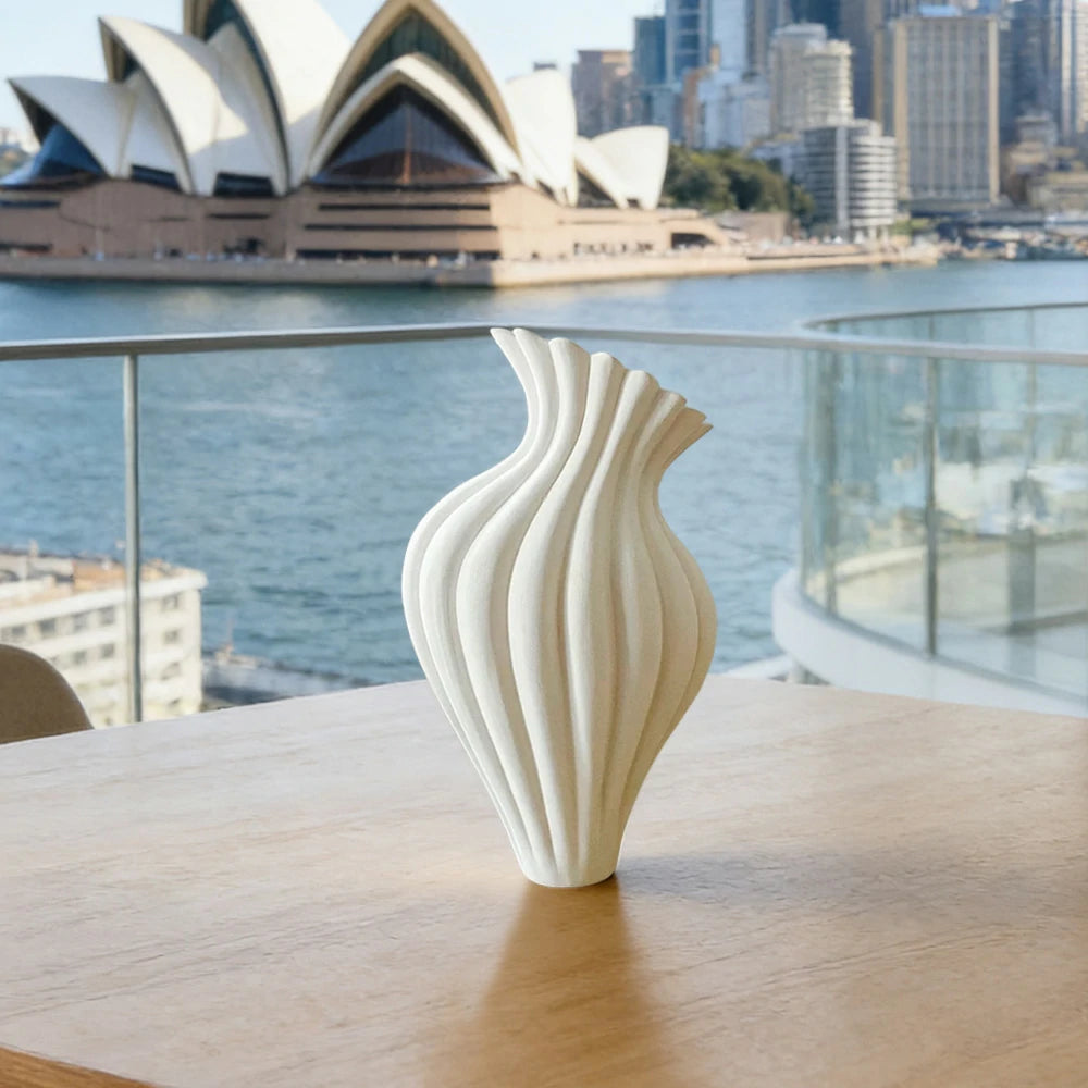 LIVARA Ripple Ceramic Vase Sculptural Wavy Form Handcrafted Matte Stone-Like Texture Artistic Decor for Modern Spaces - Ivory White
