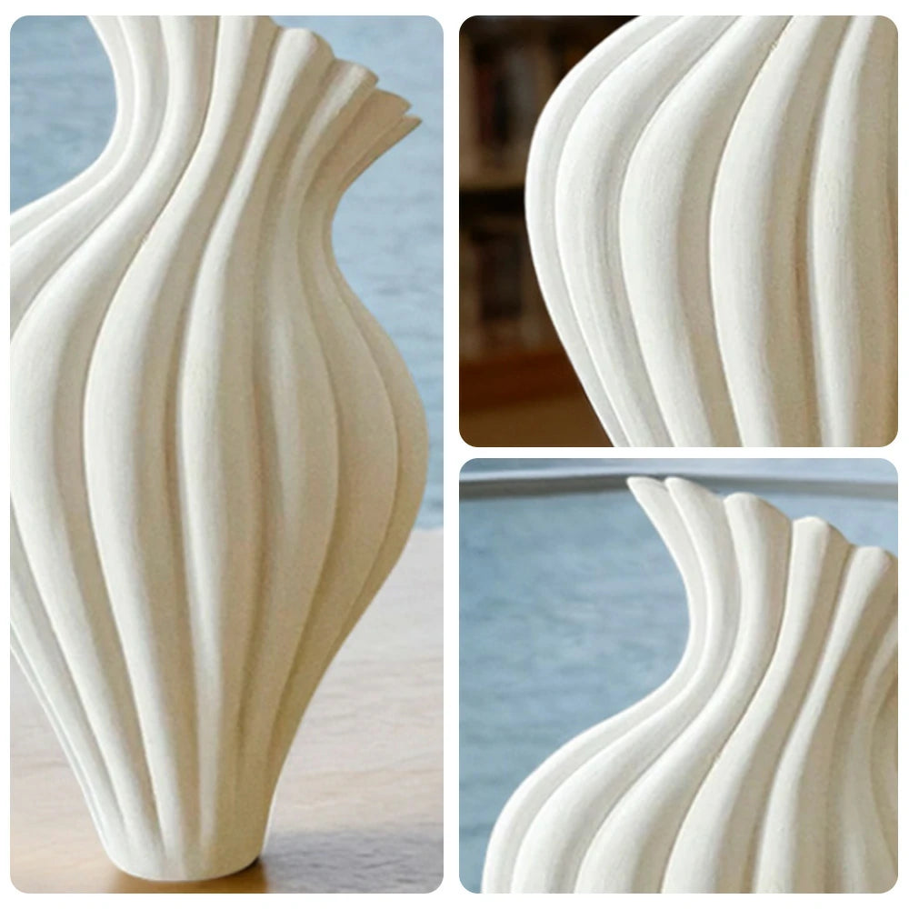 LIVARA Ripple Ceramic Vase Sculptural Wavy Form Handcrafted Matte Stone-Like Texture Artistic Decor for Modern Spaces - Ivory White