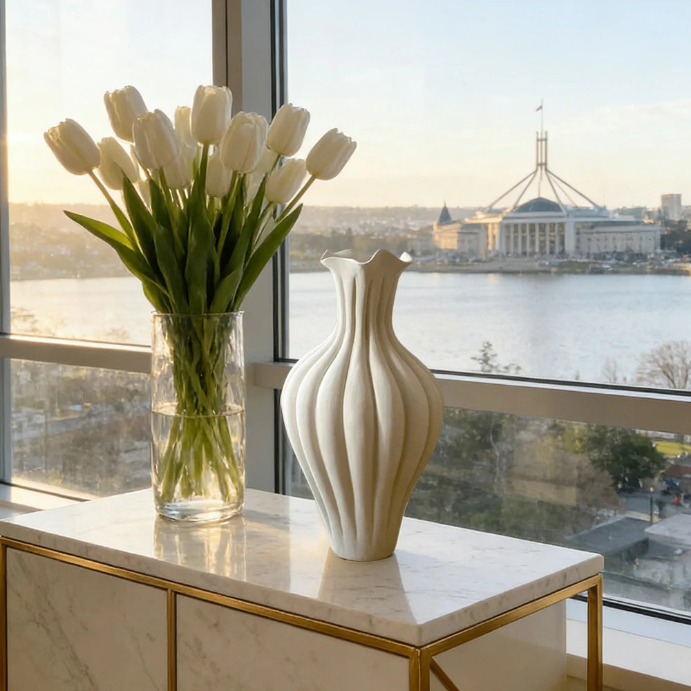 LIVARA Pleated Ceramic Vase Sculptural Fluted Form Handcrafted Matte Stone-Like Texture Artistic Decor for Modern Spaces - Ivory White