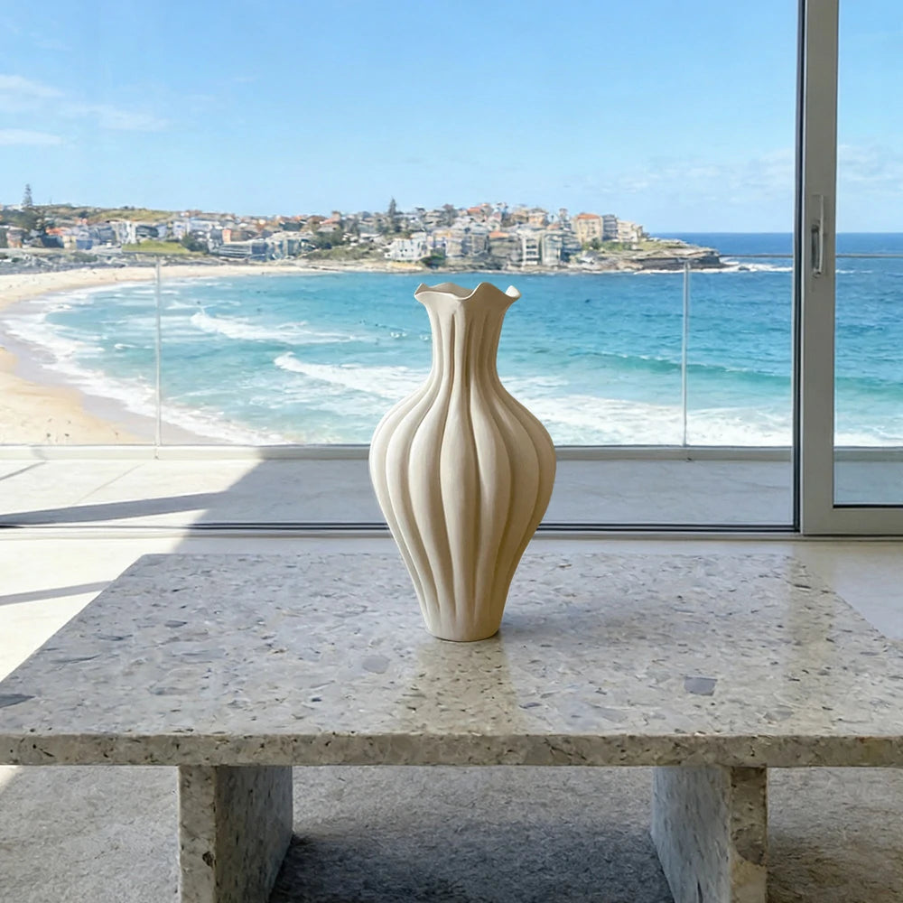 LIVARA Pleated Ceramic Vase Sculptural Fluted Form Handcrafted Matte Stone-Like Texture Artistic Decor for Modern Spaces - Ivory White