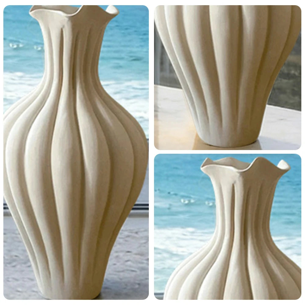 LIVARA Pleated Ceramic Vase Sculptural Fluted Form Handcrafted Matte Stone-Like Texture Artistic Decor for Modern Spaces - Ivory White