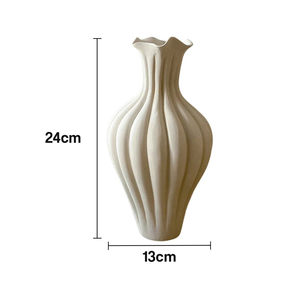 LIVARA Pleated Ceramic Vase Sculptural Fluted Form Handcrafted Matte Stone-Like Texture Artistic Decor for Modern Spaces - Ivory White