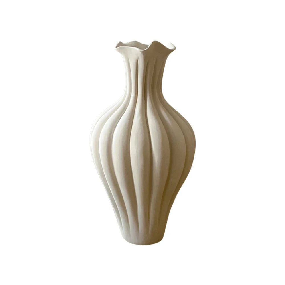 LIVARA Pleated Ceramic Vase Sculptural Fluted Form Handcrafted Matte Stone-Like Texture Artistic Decor for Modern Spaces - Ivory White
