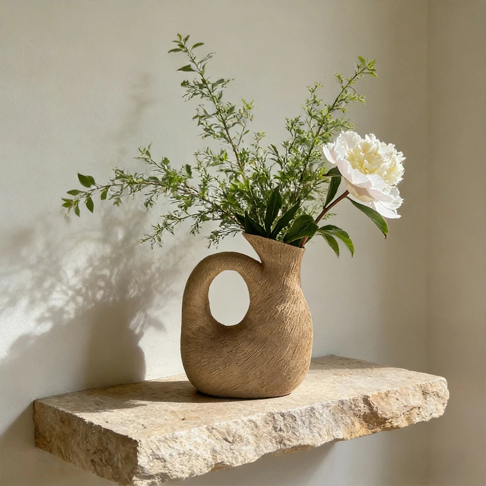 LIVARA Sunward Ceramic Vase Sculptural Handcrafted Stone-Like Matte Texture Artistic Decor for Modern Interiors - Coffee Brown