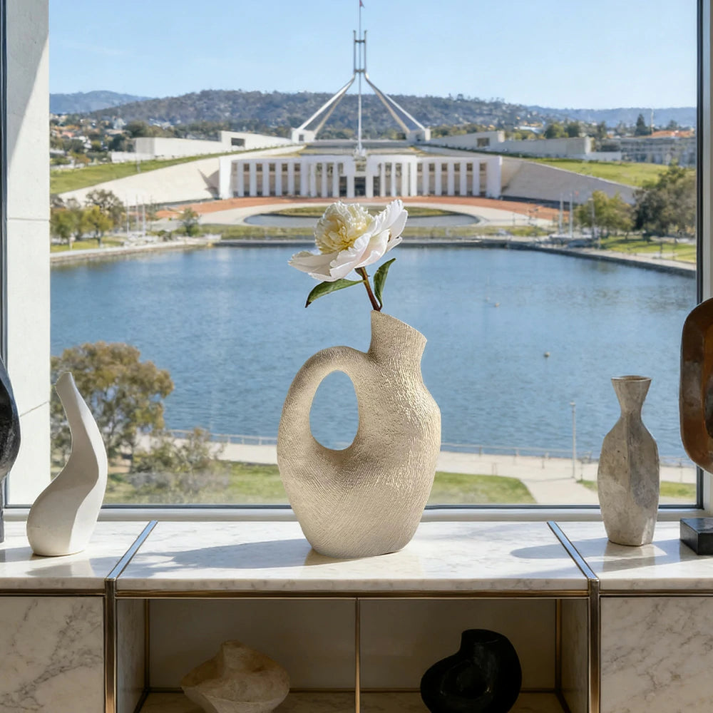 LIVARA Sunward Ceramic Vase Sculptural Handcrafted Stone-Like Matte Texture Artistic Decor for Modern Interiors - White