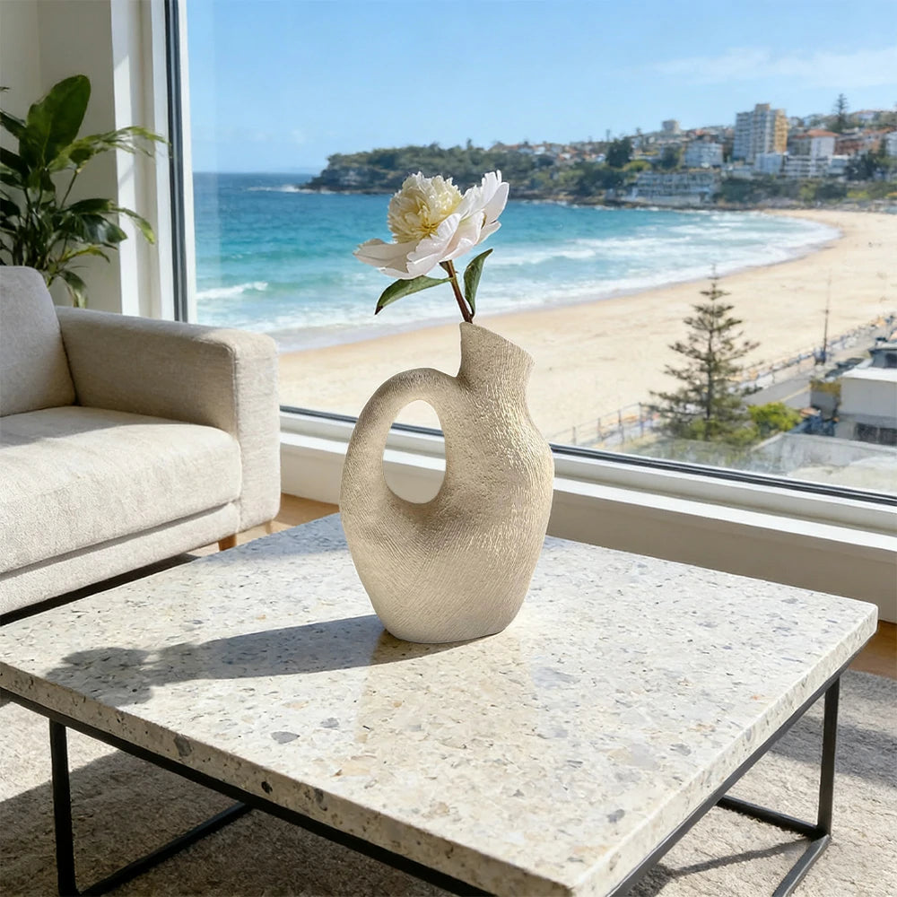 LIVARA Sunward Ceramic Vase Sculptural Handcrafted Stone-Like Matte Texture Artistic Decor for Modern Interiors - White