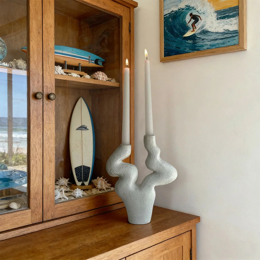 LIVARA Branch Form Ceramic Candle Holder Sculptural Handcrafted Stone-Like Matte Texture Artistic Accent for Modern Interiors - White