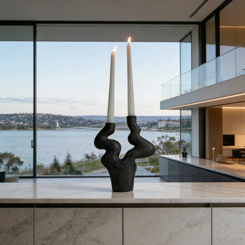 LIVARA Branch Form Ceramic Candle Holder Sculptural Handcrafted Stone-Like Matte Texture Artistic Accent for Modern Interiors - Black