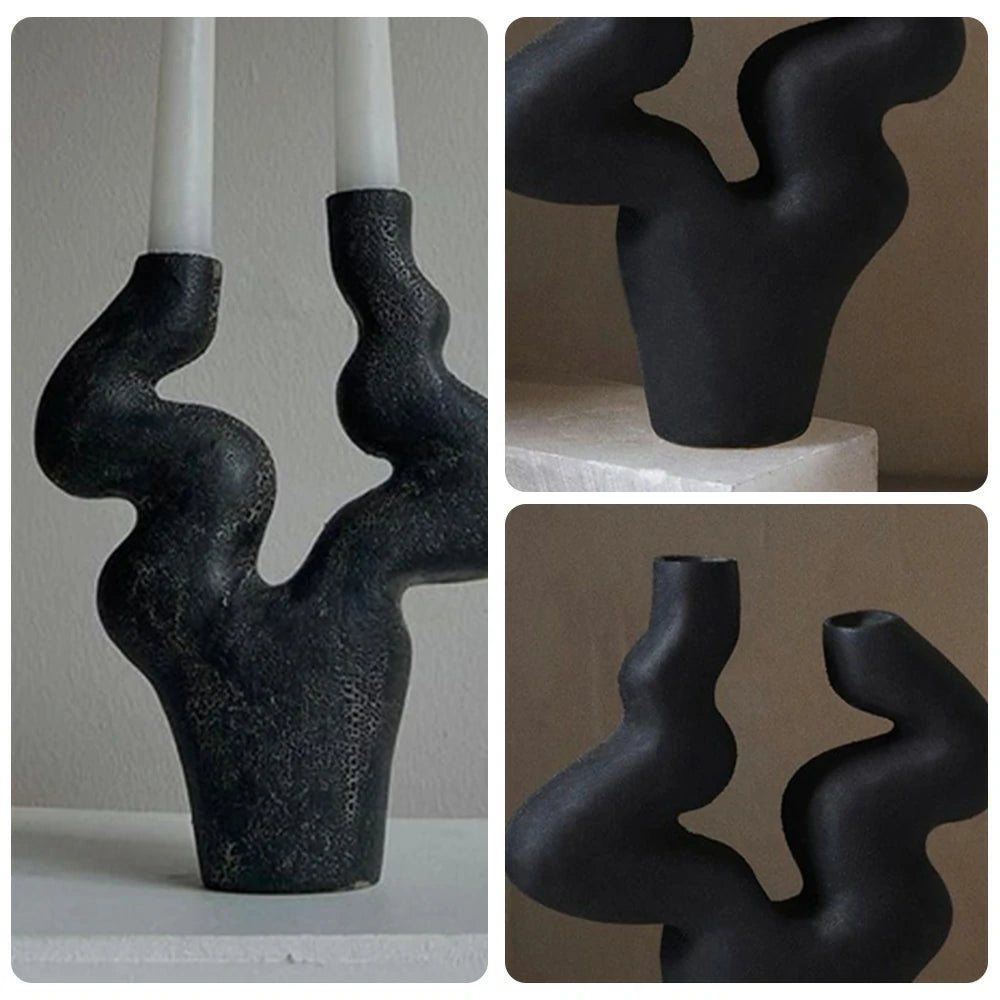 LIVARA Branch Form Ceramic Candle Holder Sculptural Handcrafted Stone-Like Matte Texture Artistic Accent for Modern Interiors - Black