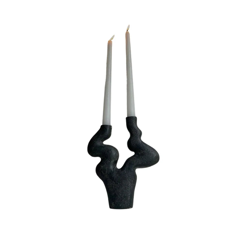 LIVARA Branch Form Ceramic Candle Holder Sculptural Handcrafted Stone-Like Matte Texture Artistic Accent for Modern Interiors - Black