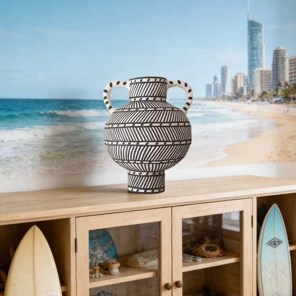 LIVARA Handcrafted Ceramic Vase - Sculptural Double-Handle Design with Graphic Line Pattern, Artistic Statement Decor for Modern Interiors - Black & White