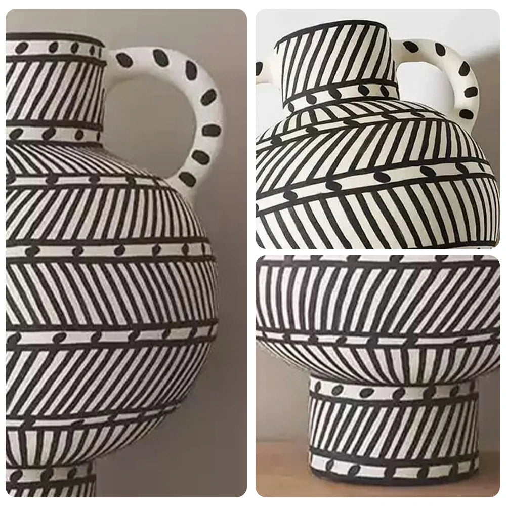 LIVARA Handcrafted Ceramic Vase - Sculptural Double-Handle Design with Graphic Line Pattern, Artistic Statement Decor for Modern Interiors - Black & White