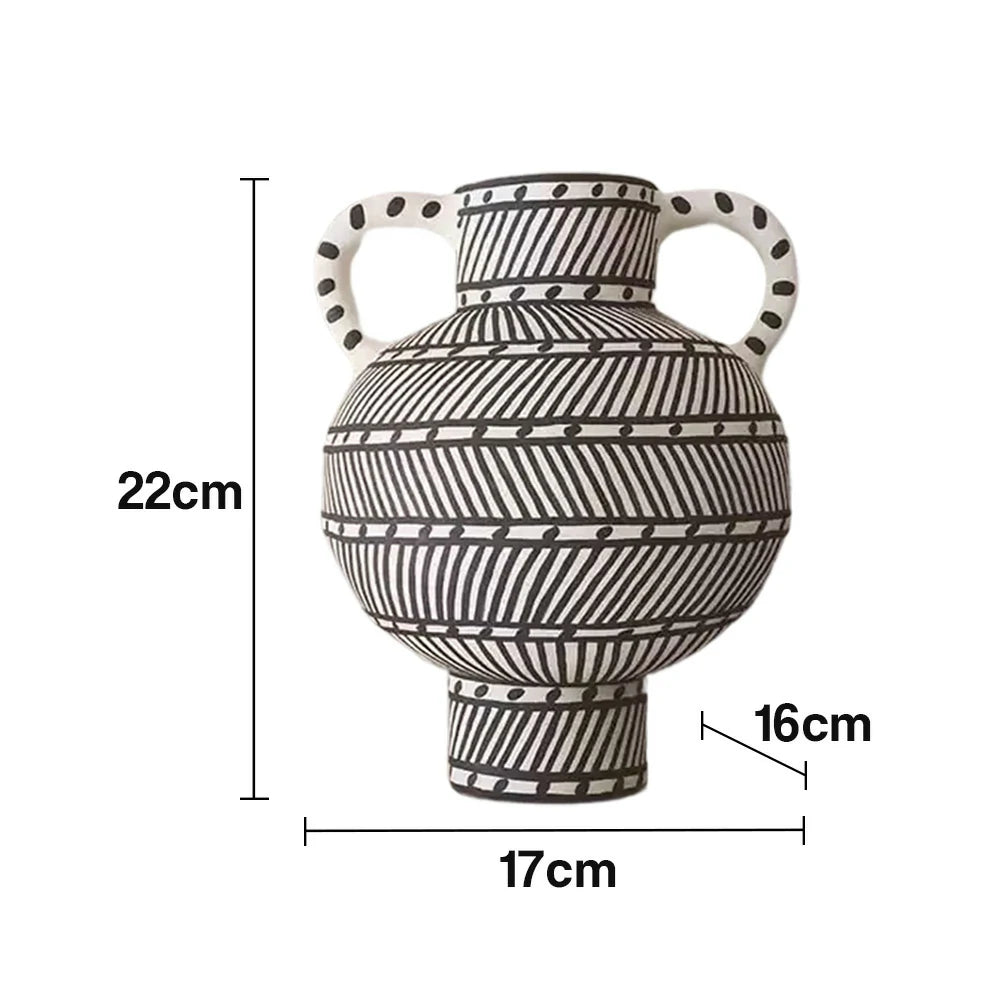 LIVARA Handcrafted Ceramic Vase - Sculptural Double-Handle Design with Graphic Line Pattern, Artistic Statement Decor for Modern Interiors - Black & White