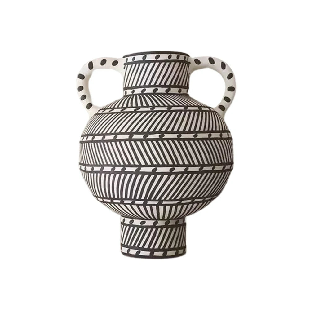 LIVARA Handcrafted Ceramic Vase - Sculptural Double-Handle Design with Graphic Line Pattern, Artistic Statement Decor for Modern Interiors - Black & White