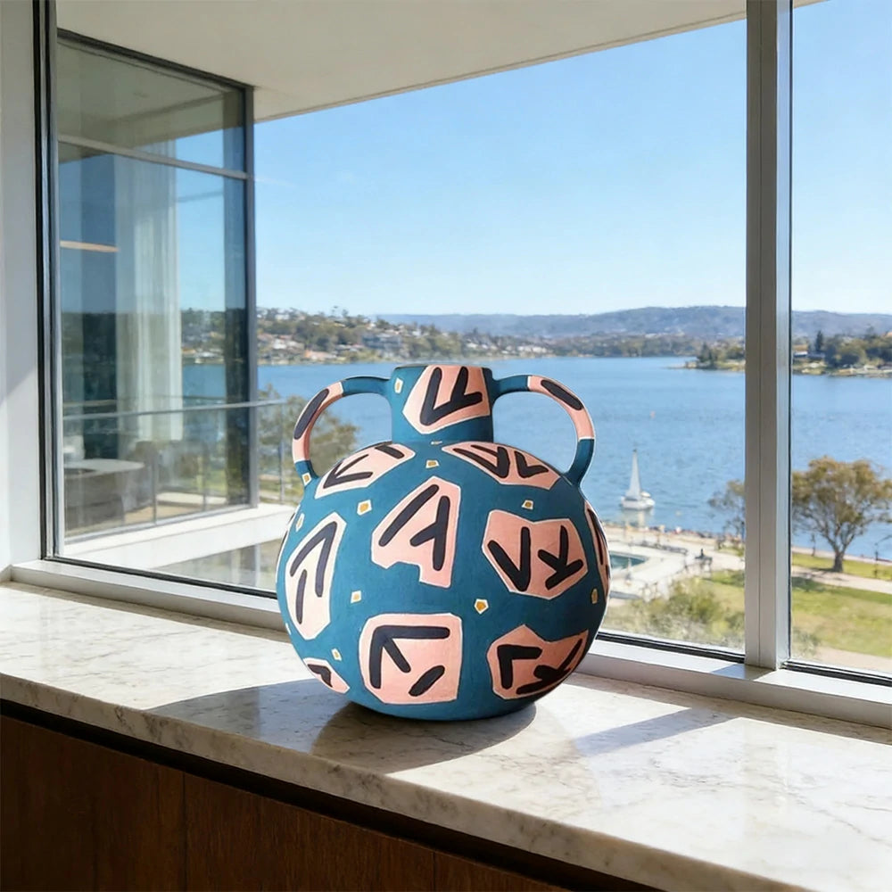 LIVARA Rune Ceramic Vase - Sculptural Double-Handle Design with Hand-Painted Symbol Pattern, Handcrafted Artistic Decor for Modern Interiors - Blue Multicolor