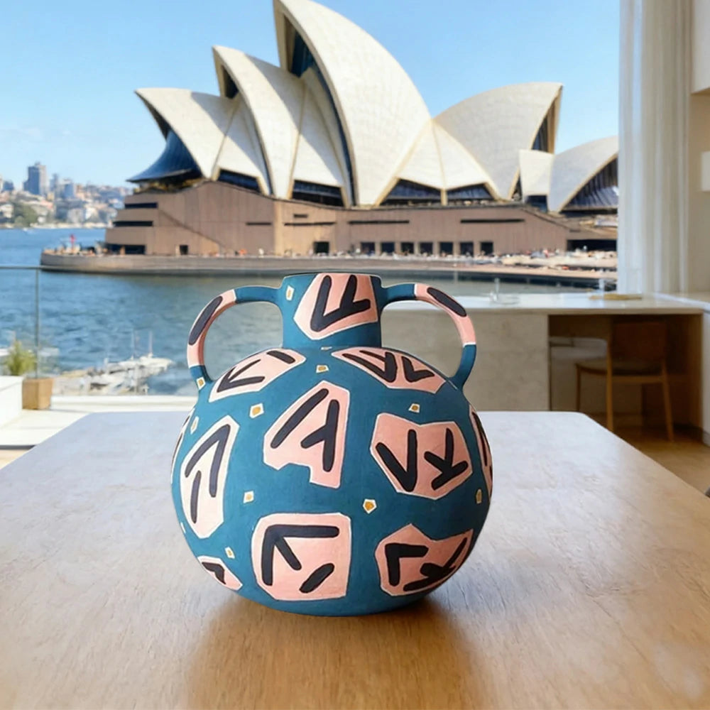 LIVARA Rune Ceramic Vase - Sculptural Double-Handle Design with Hand-Painted Symbol Pattern, Handcrafted Artistic Decor for Modern Interiors - Blue Multicolor