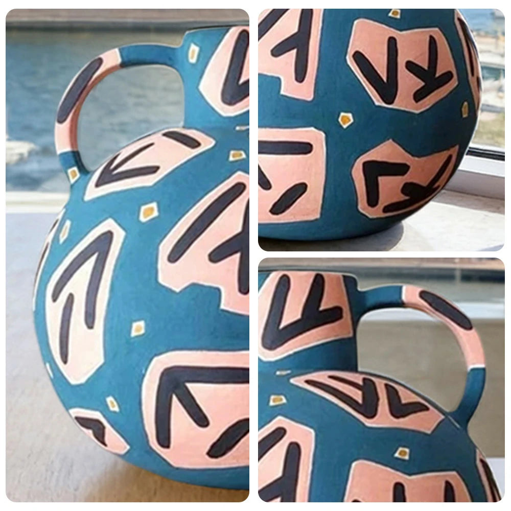 LIVARA Rune Ceramic Vase - Sculptural Double-Handle Design with Hand-Painted Symbol Pattern, Handcrafted Artistic Decor for Modern Interiors - Blue Multicolor