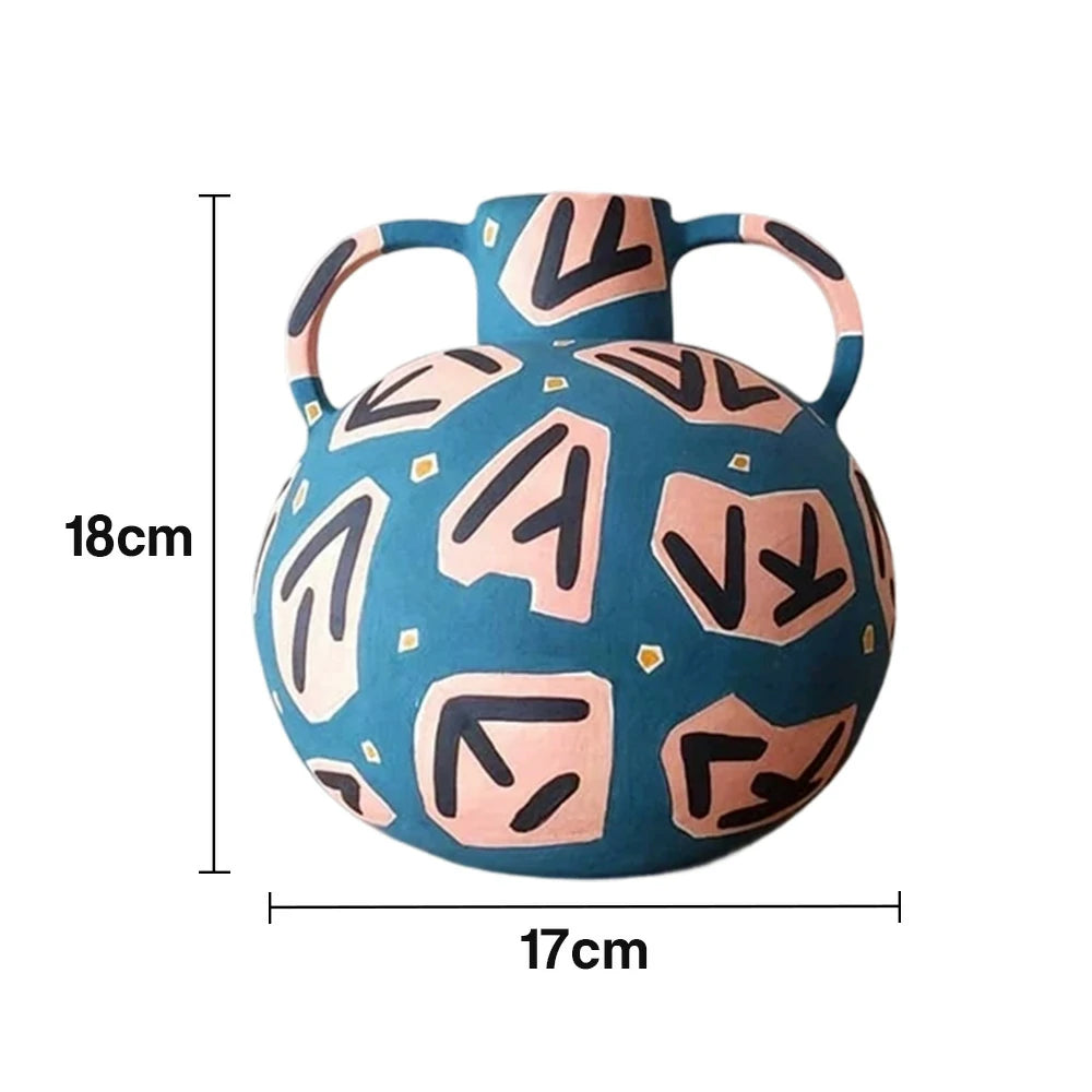 LIVARA Rune Ceramic Vase - Sculptural Double-Handle Design with Hand-Painted Symbol Pattern, Handcrafted Artistic Decor for Modern Interiors - Blue Multicolor