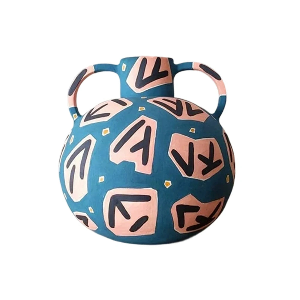 LIVARA Rune Ceramic Vase - Sculptural Double-Handle Design with Hand-Painted Symbol Pattern, Handcrafted Artistic Decor for Modern Interiors - Blue Multicolor