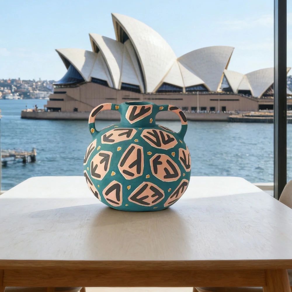 LIVARA Rune Ceramic Vase - Sculptural Double-Handle Design with Hand-Painted Symbol Pattern, Handcrafted Artistic Decor for Modern Interiors - Green